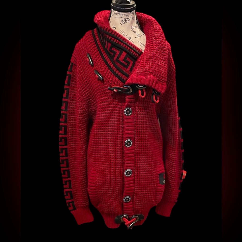 LCR Black Edition Red and Black Knit Sweater with Button Front Size XL